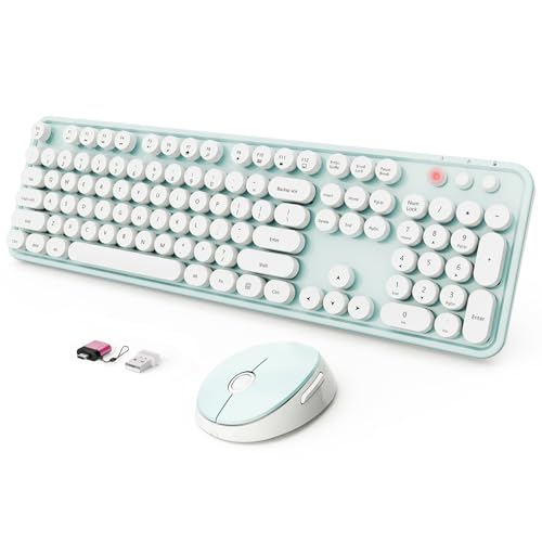 Wireless Keyboard and Mouse Combo, Ergonomic Full Size Typewriter Retro Round Keycaps Keyboard, Compatible with Windows, PC, Perfer for Home and Office Keyboards（Green）