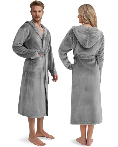 Twinzen Damen & Herren Kuschelfleece Morgenmantel mit Kapuze L - Grau - Weich, Warm & Bequem - Öko-Tex Standard 100 zertifiziert