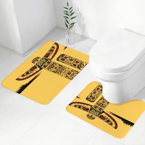 FEHWI Alfombra Baño 2 Piezas,Alfombrilla Antideslizante y Secado Rápido Lavable,Alfombrilla para Bañera,Baño,Ducha,WC,Indios, ilustración de un tótem norteamericano Espíritu Antiguo Nativo Artsy