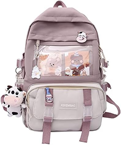 LYEAA Kawaii Rucksack for Girls Student, Cute Aesthetic Travel Backpack, Japanese Harajukue Canvas School Bag with Kawaii Pin and Accessories Laptop Bookbags