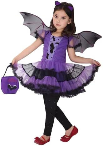 DNQCOS Girls Bat Halloween Costume Witch Cosplay Costume Tutu Dress Set for Kids (7-9Y, Bat Purple)