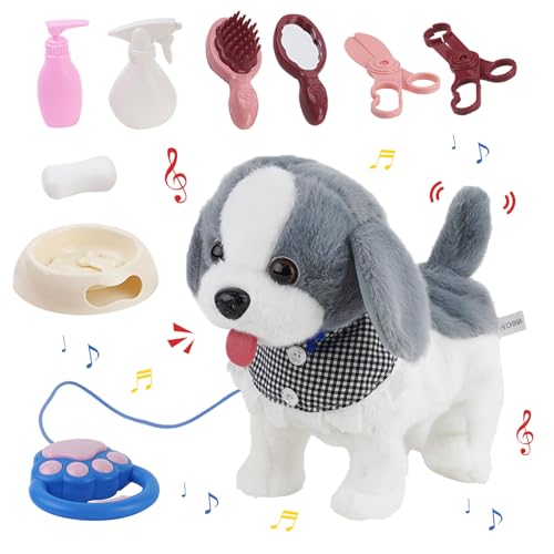 Arkyomi Hund Spielzeug Kinder,laufender Hund mit Leine der läuft und bellt,Haustiere roboterhund interaktives Spielzeug,Ferngesteuerter spielhund mit Schwanzwedeln und sprechender grau