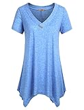 Miusey Tunic Tops To Wear With Leggings, Women's v Neck Tunic Top Short Sleeves Flowy A-Line Hem Asymmetrical Shirt Lightweight Cool Thin Fitting Swing Going Out Wear Blue M