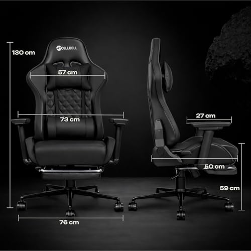 Image of CELLBELL Shadow FT Ergonomic Gaming Chair with Footrest Premium PU Leather 4D Armrests 180 Degree Recline Class 4 Hydraulic Tilt Lock Diamond Design Heavy Duty Base 60mm Wheels (Black)