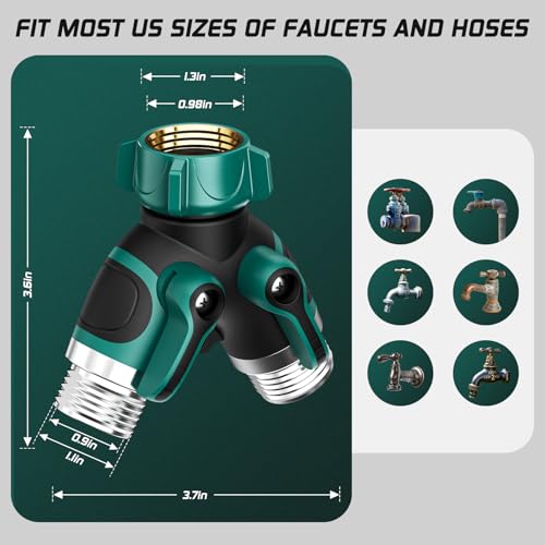 2 Way Garden Hose Splitter with Shut Off Valve,Water Spigot Splitter for 3/4" Hose Connector,Heavy Duty Metal Outdoor Faucet Splitter Y Connector for Garden Hose,with 3 Leakproof Washers & 1 tape — view 5