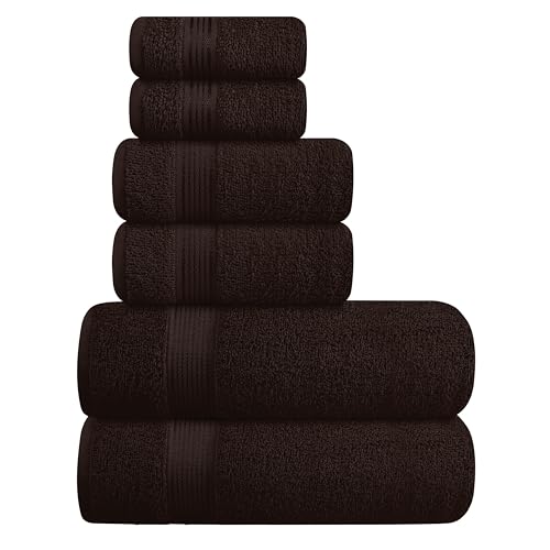 Belizzi Home Ultra Soft 6 Pack Cotton Towel Set, Contains 2 Bath Towels 28x55 inch, 2 Hand Towels 16x24 inch & 2 Wash Coths 12x12 inch, Ideal for Everyday use, Compact & Lightweight - Brown
