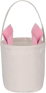 Easter Bunny Basket Canvas Cotton Easter Eggs Basket with Fluffy Ears for Easter Egg Hunts (Pink)