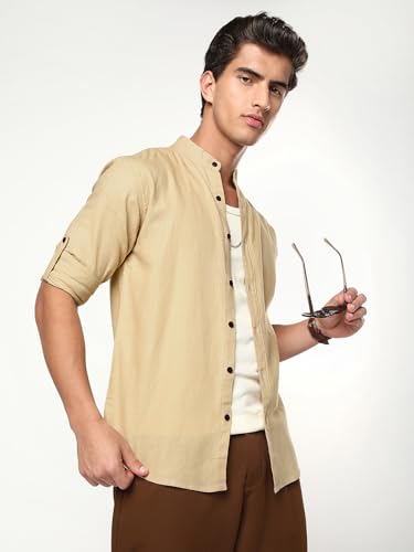 Image of Urbano Fashion Men's Linen Blend Full Sleeve Relaxed Fit Mandarin Collar Casual Solid Shirt