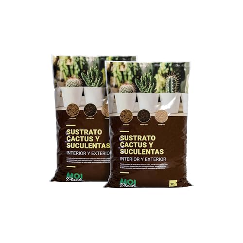 MOIPLANTS SUSTRATO para Cactus Y SUCULENTAS (Pack de 2 x10L) Fórmula Exclusiva. Máxima Aireación. con turba Rubia, Fibra de Coco y Granito. Enriquecido con Fertilizante de última generación.