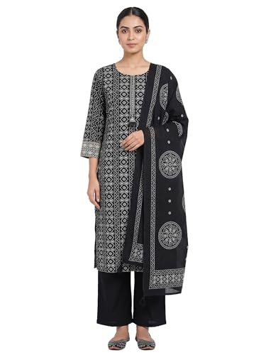 ladyline Womens Cotton Bandhani Print Kurta Palazzo Pants Set with Dupatta | Embroidered Mirror Work Ethnic Salwar Kameez Set (CPESK SRAL) (44/ Black)
