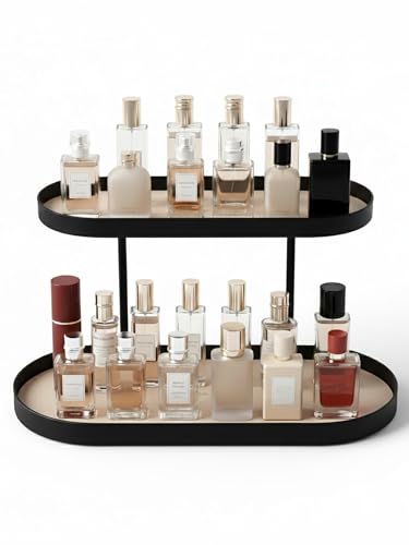 ORDIC Interior Parfüm Organizer montagefreie elegante Parfüm Aufbewahrung aus Metall & Kunstleder | stabiler Parfüm Ständer für Schminktisch oder Bad (Schwarz - Beige)