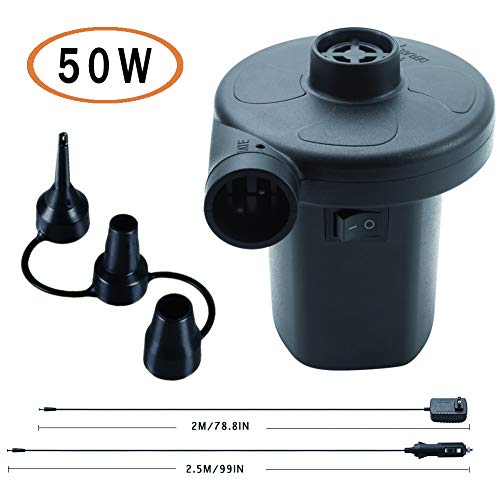 KERUITA Electric Air Pump for Inflatables Air Mattress Pump 110V AC/12V DC Airbed Boat Pool Raft Inflatable Pump with 3 Nozzles Black (ACDC)