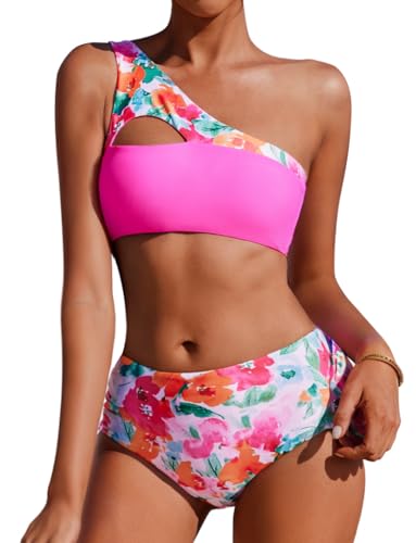 AI'MAGE Women's Bikini Sets Reversible Wear Cutout One Shoulder Top with Mid Waist Two Piece Bathing Suit