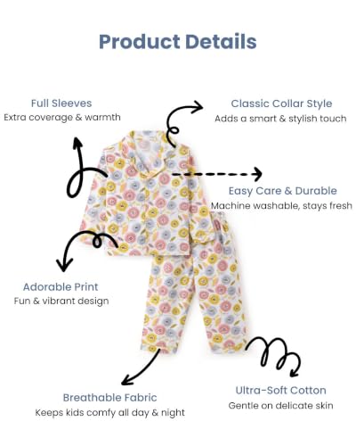 Image of Girls Premium Cotton Full Sleeves Printed Nightsuit Set | Collar Style Night Dress for Girls | Soft & Breathable Pajama Set | Trendy Kids Sleepwear & Nightwear