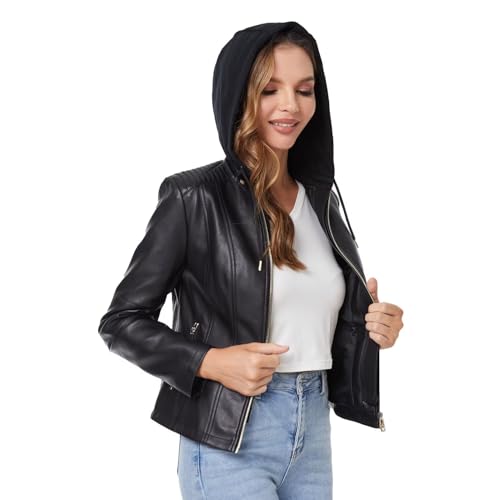 DIASHINY Faux Leather Jacket For Women Removable Hooded Moto Biker Outwear Coat2