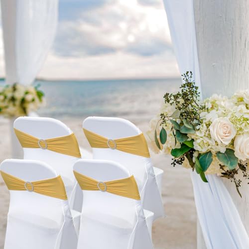 Maiangel Spandex Chair Sashes Bands 100PCS Stretch Chair Ties Bows with Buckle Slider for Wedding Party Banquet Decoration (Gold)… - Thumbnail 2