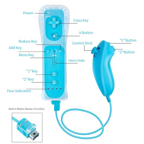 Image of Compatible with Nintendo Wii Controller, Wii Remote with Nunchuck and Nunchuck Controller with Silicone Case and Wrist Strap for Wii and Wii U, Included 2 AA Batteries (Blue)