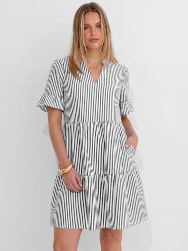 Image of Caracilia Dresses for Women Summer 2026 Striped V Neck Ruffle Sleeve A Line Tiered Flowy Casual Mini Beach Dress with Pockets