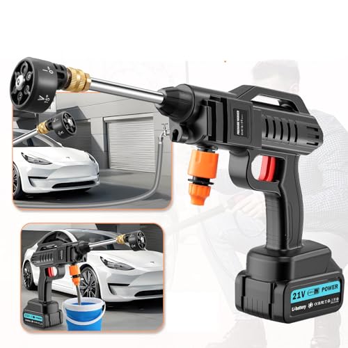 Viugreum 21V Limpiador de Alta Presión con Boquilla 6 en 1, Limpiadores de Alta Presión Inalámbricos Portátiles con 2 Baterías y Cargador, Manguera de 5 m, Filtro de Agua, Vaporizador, Recarga Rápida