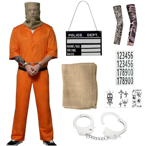 Mino Plus Prisoner Costume Men Frau Häftling Kostüm Gefängnis Oranger Overall mit Informationstafel Handschellen Aufkleber Tattoo Ärmel Jutesäcke für Cosplay Halloween Karneval Costume (A L)