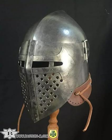 Medieval Knight Bascinet Helmet, Adjustable Visor, Cushioned Leather Strap, Battle Armor Cosplay Costume