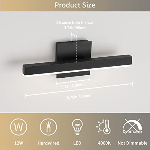 Joossnwell 7560 Led Bathroom Vanity Lighting Fixture Modern Bath Light Bar 15.75Inch Black Wall Sconce 12W 4000K thumb #5