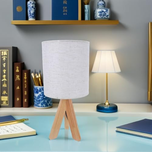 Petite lampe de table vintage bois trépied et éclairage multi-angles