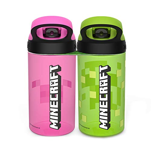 Image of Zak Designs Minecraft Kids Water Bottle with Straw and Built in Carrying Loop Set, Made of Plastic, Leak-Proof Water Bottle Designs (Creeper /Pig, 16 oz, 2pc Set)
