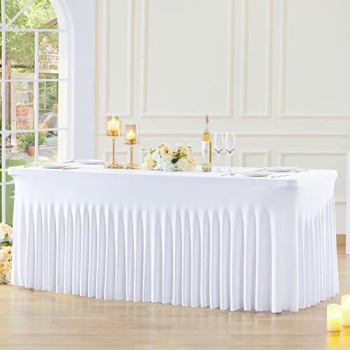 HBBMAGIC 1 Mantel de Falda de Spandex Blanco para mesas rectangulares de 1,8 m, Mantel Blanco elástico sin Arrugas, Falda de Mesa Plisada para Fiestas, Bodas de cumpleaños, duchas de bebés