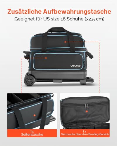 VEVOR Bowlingballtasche für 3 Bälle mit Doppelrollen & separatem Fach für Schuhe (bis US-Größe 16) & übergroßer Zubehörtasche, einziehbarer Griff lässt Sich auf 105 cm ausziehen Schwarz + Blau