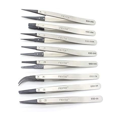 Precision Tweezer Set - FEITA Antistatic Replaceable Fiber Tip Stainless Steel ESD Tweezers for Electronics, Jewelry-Making, Laboratory, Hobby (8 Pcs) Cover