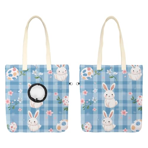 Pet Canvas Shoulder Bag Soft-Sided,Dog Purse Carrier for Small Dogs and Cats, Portable Pet Handbag with Adjustable Hole, Pet Washable Travel Tote Bag,Blue Grid Cute Bunny 16.7''x15.8''