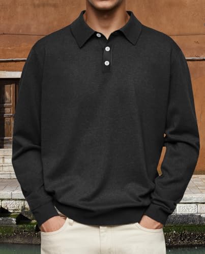 Mens Button Polo Sweatshirt Long Sleeve Pullover Lightweight Business Lapel Collared Tops Fall Winter3