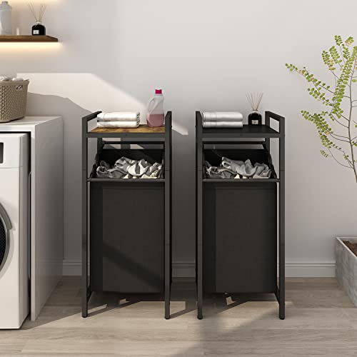 Tall Laundry Hamper With Top Shelf, Two-Color Laundry Basket With Removable Bag, Clothes Hamper For Laundry Room, Bedroom - Rustic Brown & Balck #TOP1