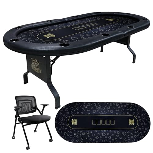 GUTSHOT Foldable Poker Table for 10 Players with 10 Chairs and an Additional Mat- Premium Soft-Padded Armrest, Individual Cup Holders, Portable Mat - Long-Lasting Poker Table (Black)