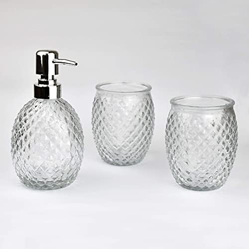 G Decor Designer 3-Piece Modern Diamond Cut Clear Glass and Chrome Bathroom Accessory Set, Includes Liquid Soap or Lotion Dispenser, Toothbrush Holder, Tumbler