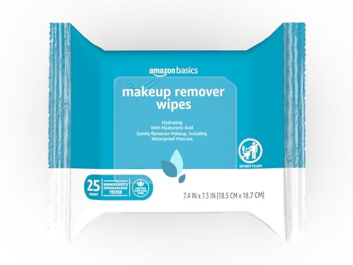 Amazon Basics Makeup Remover Wipes, Gentle Cleansing, Dermatologist Tested, Hydrating with Hyaluronic Acid, Alcohol-Free, Removes Waterproof Mascara, Facial Cleansing, 25 Count