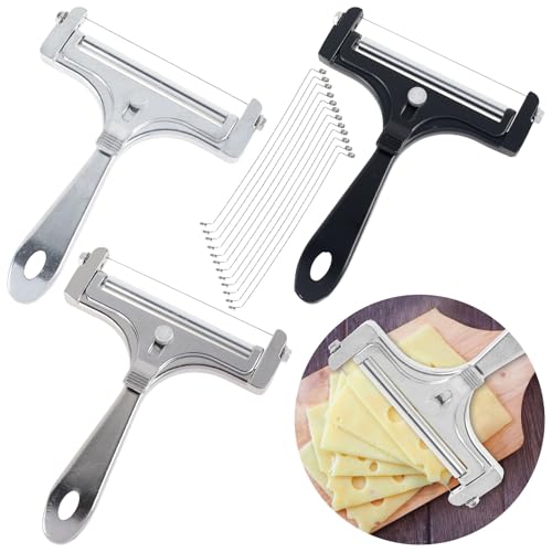 3 PCS Cheese Slicer, Stainless Steel Wire Cheese Cutter, Adjustable Thickness Cheese Cutter with 12 Wires, Premium Cheese Shaver, Dishwasher Safe Cheese Slicer Cutter for Home Kitchen Cheese