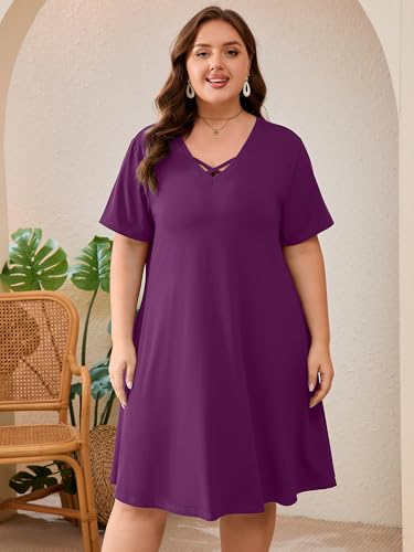Image of AusLook Plus Size Midi Dress for Women Short Sleeve V Neck Criss Cross A Line Summer Casual Vacation Sundresses with Pockets