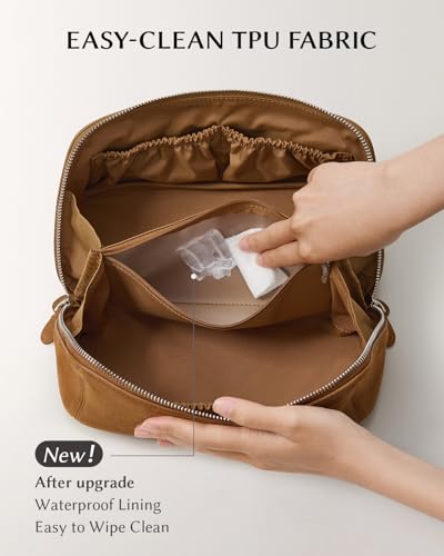 Image of EACHY Leather Makeup Bag, Portable 180 Wide-Open Flat Cosmetic Bag for Women, Large Capacity Make Up Organizer Makeup Pouch with Divider and Handle