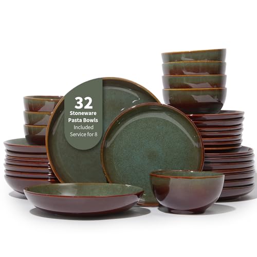 Pokini 32 Piece Double Bowl Dinnerware Sets with Pasta Bowls, Highly Chip and Crack Resistant Plates and Bowls Sets, Natural Earthyware Ceramic Dishware Sets, Service for 8 Brown Green