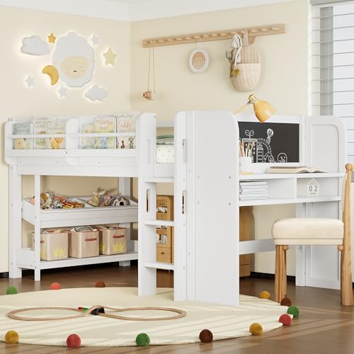 Image of Twin Loft Bed with Multi-Storage Bookcases, Boxes and Drawers, Solid Wood Low Loft Beds with Desk and Blackboard, No Box Spring Needed (White-01)