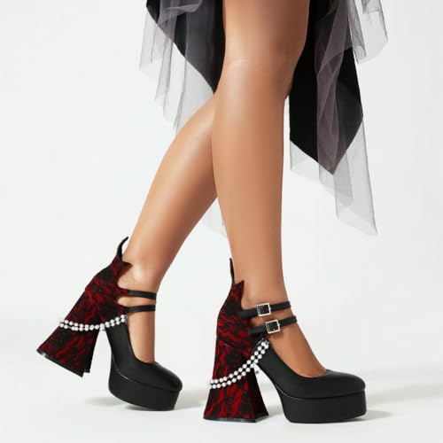 KOKOMOMO Black Goth Platform Shoes Chunky Heel Mary Jane Heels Gothic Lolita Cosplay Shoes,Size 6.5 Black PU4