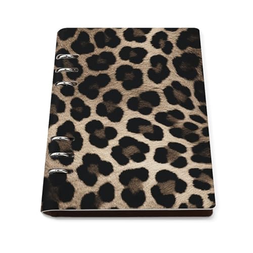 Cuaderno A5 de hojas sueltas con 6 anillas recargable y carpeta de piel sintética negra de leopardo