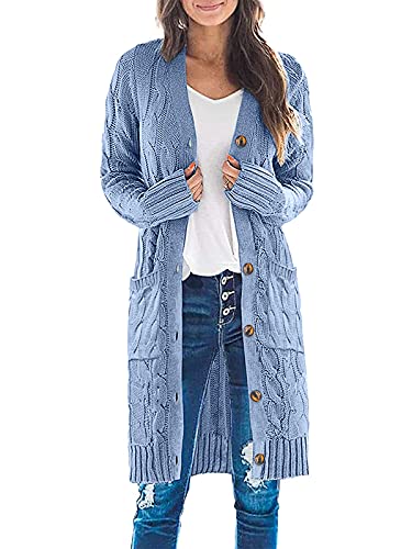MEROKEETY Womens Long Sleeve Cable Knit Long Cardigan Open Front Button Sweater Outerwear Blue