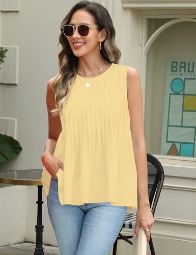 Womens Summer Pleated Peplum Sleeveless Blouse Tank Tops Round Neck Y2K Babydoll Blouse Shirt4