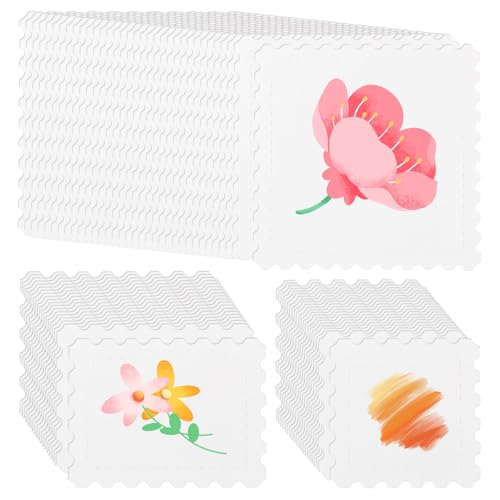 GLOBLELAND 100Pcs 3 Sizes Blank Watercolor Paper Stamp Cotton Square Watercolor Paper Water Coloring Paint Papers for Drawing Painting DIY Tickets with Tear-Away Stubs