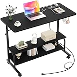iSunirm Standing Desk with Power Outlets & USB, Height Adjustable Desk (70-104cm) on Wheels, Small Portable Computer Desk for Home Office, Slim C-Shaped Study Table & Mobile Bedside Laptop Desk Black