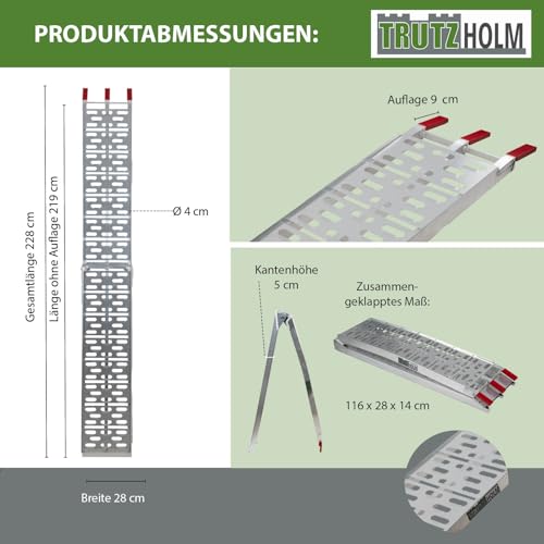 TRUTZHOLM Auffahrrampe klappbar 228 cm Tragkraft 340 kg Aluminium Rampe Faltbare Alu Verladerampen ATV Quad (1 x Rampe grau)