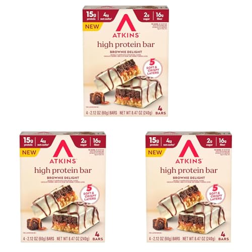 New Atkins High Protein Bars, Brownie Delight Flavor, 15g of Protein, 4g Net Carbs, 4 Count* (Pack of 3)